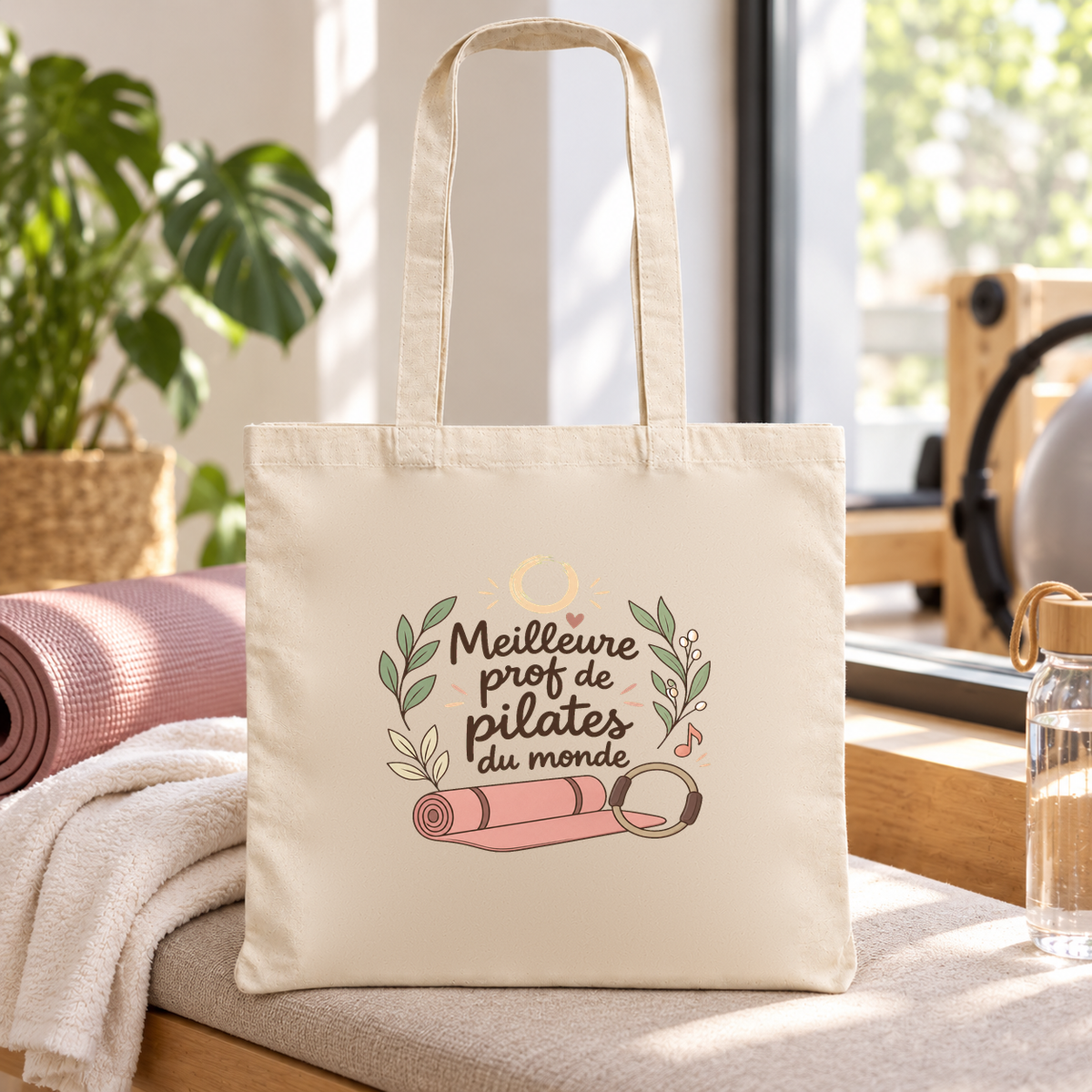 Tote bag prof de pilates « Meilleure prof de pilates du monde » Essentiel posé sur un banc rembourré, à côté d'un plaid