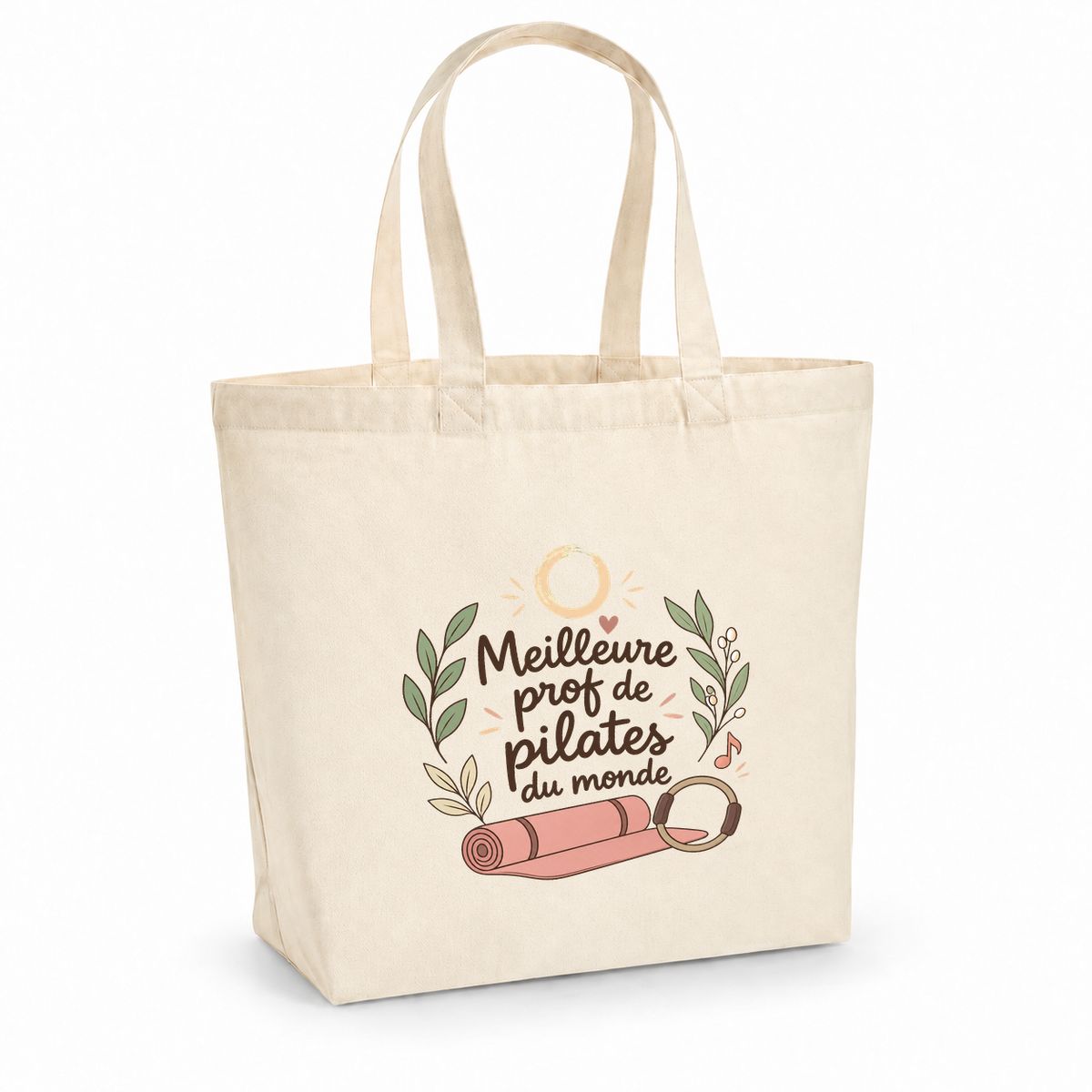 Tote bag prof de pilates « Meilleure prof de pilates du monde » Premium, cabas à soufflet en coton naturel 200 g/m² de 18 litres, illustration bohème d'un tapis, d'un anneau de pilates et de feuillages