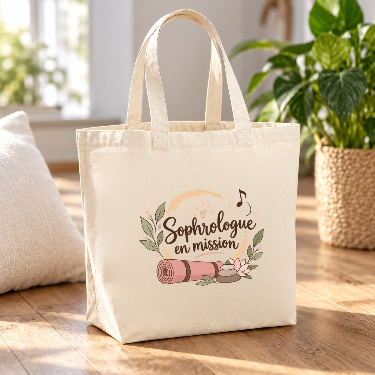 Tote bag sophrologue « Sophrologue en mission » Premium posé sur une table en bois, entre des plantes