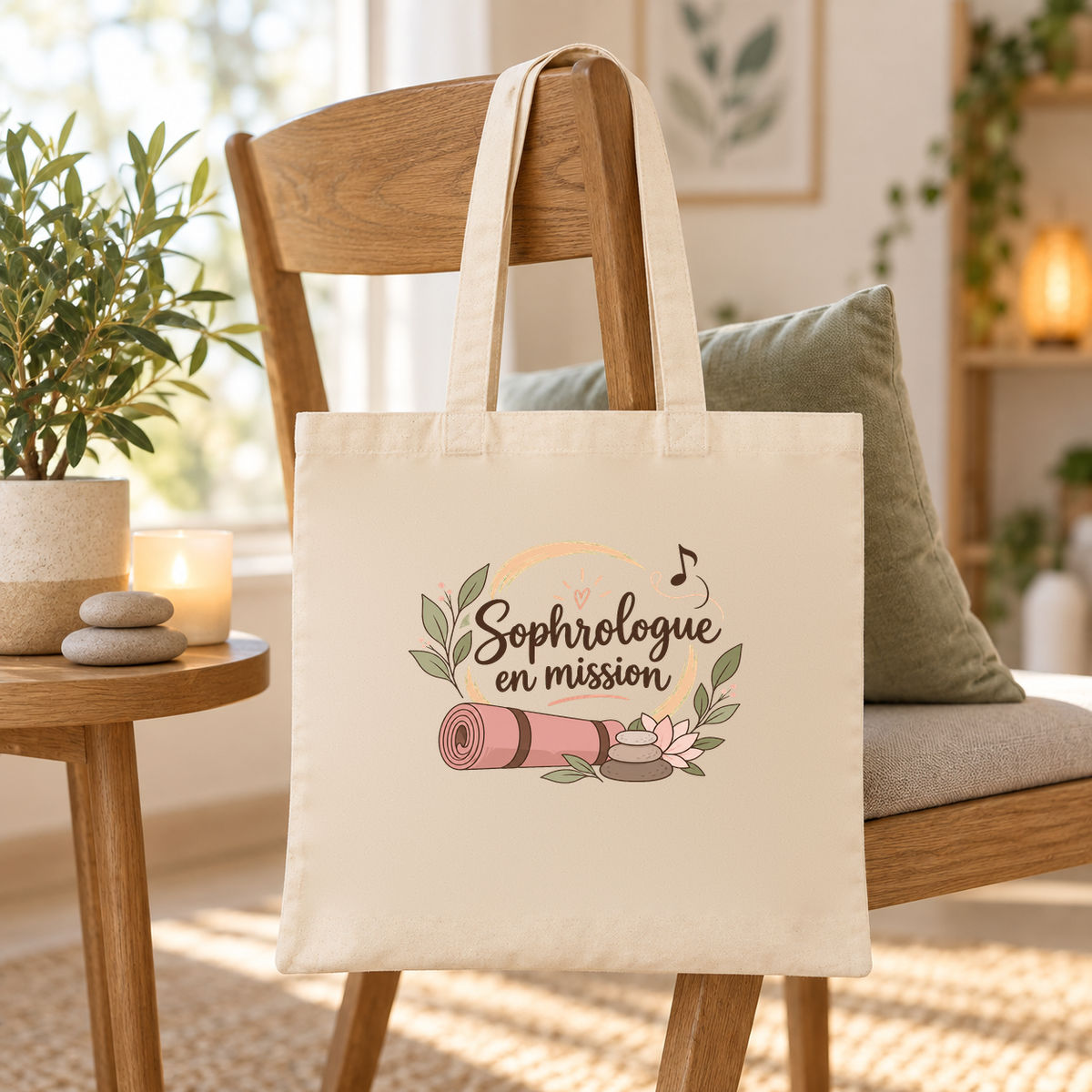 Tote bag sophrologue « Sophrologue en mission » Essentiel suspendu à une chaise dans un cabinet apaisant, près d'une bougie