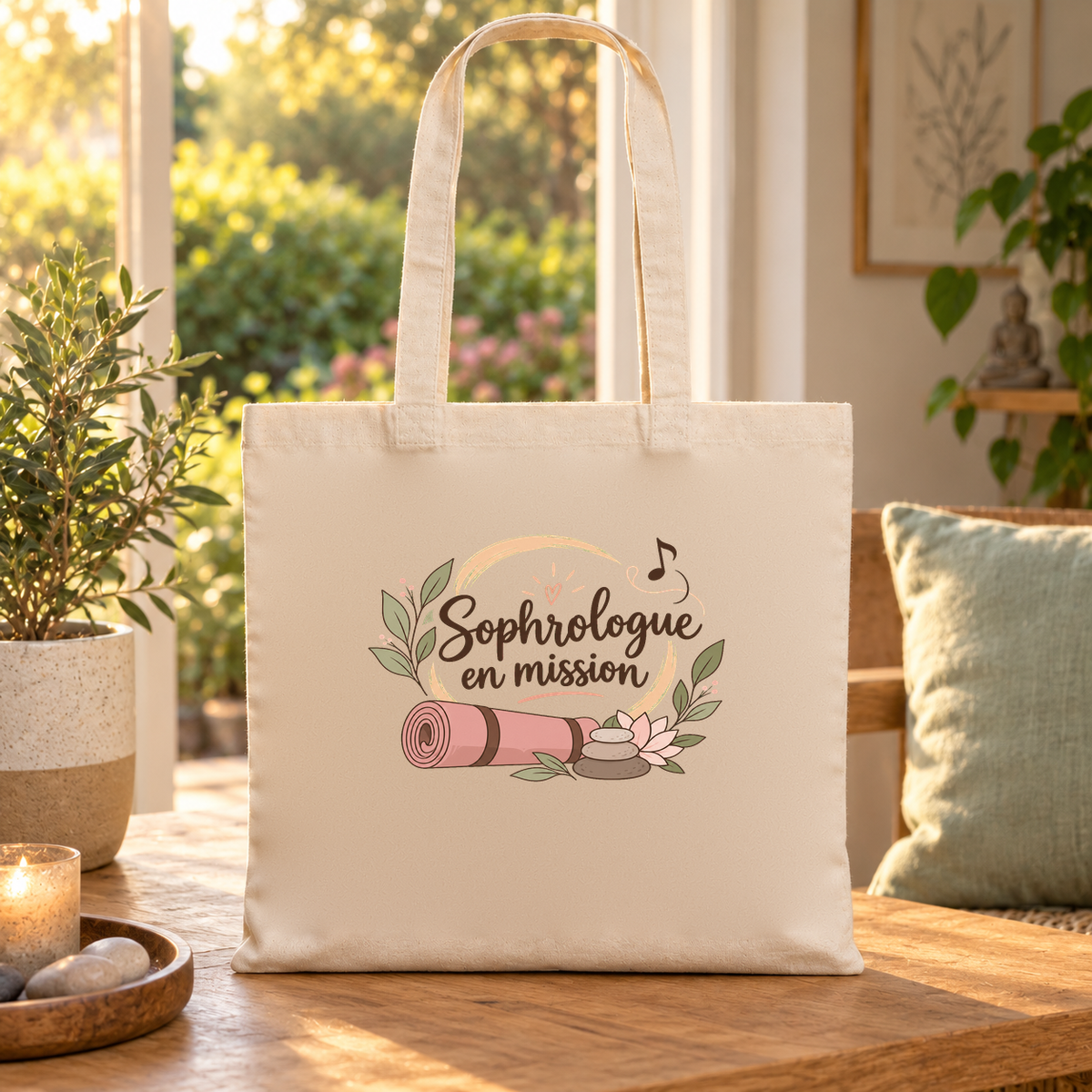 Tote bag sophrologue « Sophrologue en mission » Essentiel posé sur une table près d'une fenêtre ensoleillée, à côté de galets