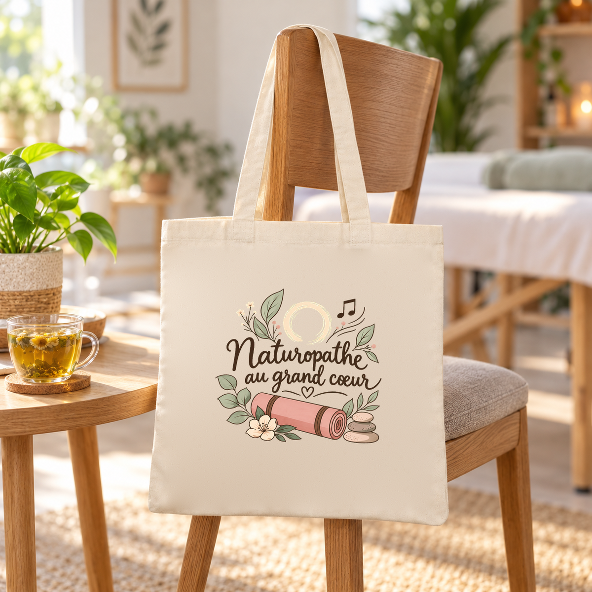 Tote bag naturopathe « Naturopathe au grand cœur » Essentiel suspendu à une chaise du cabinet, à côté d'une tasse de tisane