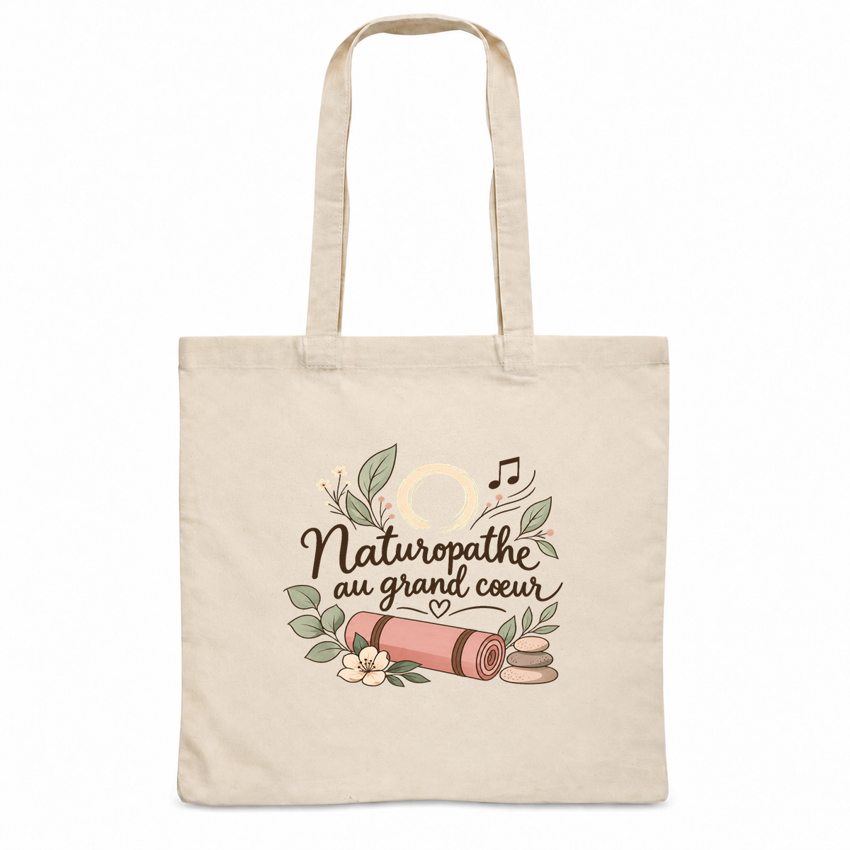 Tote bag naturopathe « Naturopathe au grand cœur » Essentiel, sac plat en coton naturel 140 g/m² de 38 × 42 cm, illustration bohème d'un tapis, de galets, d'une fleur et d'un cercle zen