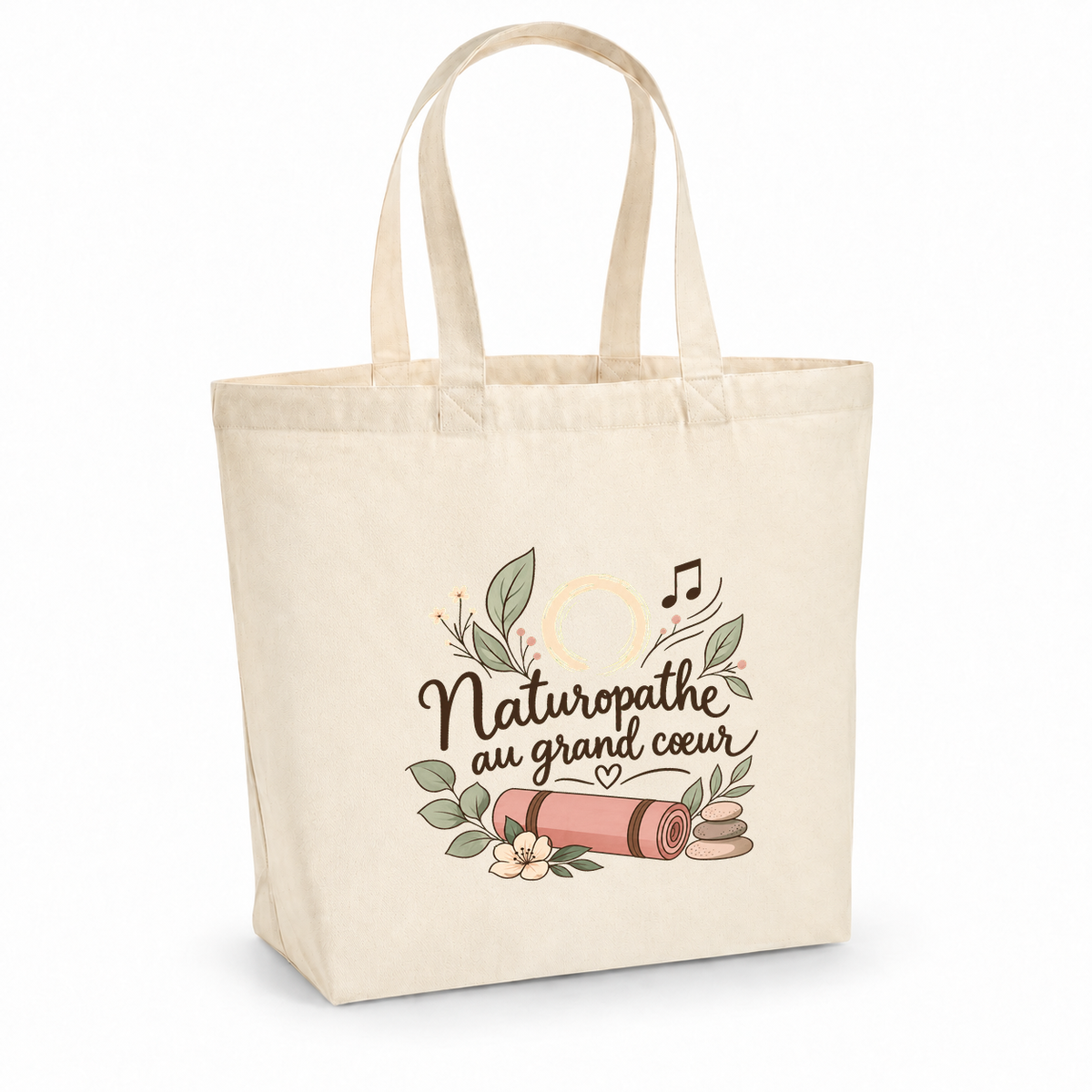 Tote bag naturopathe « Naturopathe au grand cœur » Premium, cabas à soufflet en coton naturel 200 g/m² de 18 litres, illustration bohème d'un tapis, de galets, d'une fleur et d'un cercle zen