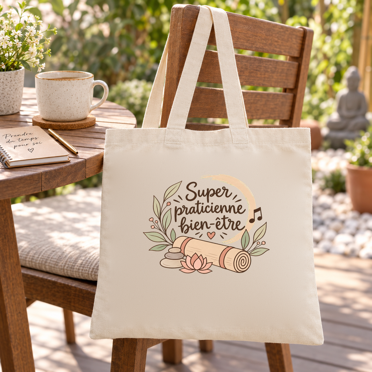 Tote bag praticienne bien-être « Super praticienne bien-être » Essentiel suspendu à une chaise de jardin, à côté d'une tasse et d'un livre