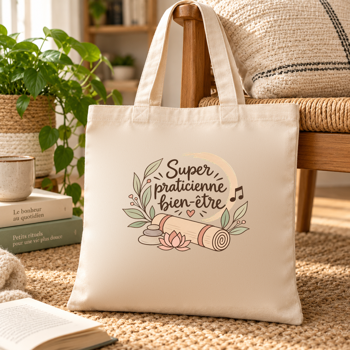 Tote bag praticienne bien-être « Super praticienne bien-être » Essentiel posé sur un fauteuil en rotin, à côté de livres et d'une plante
