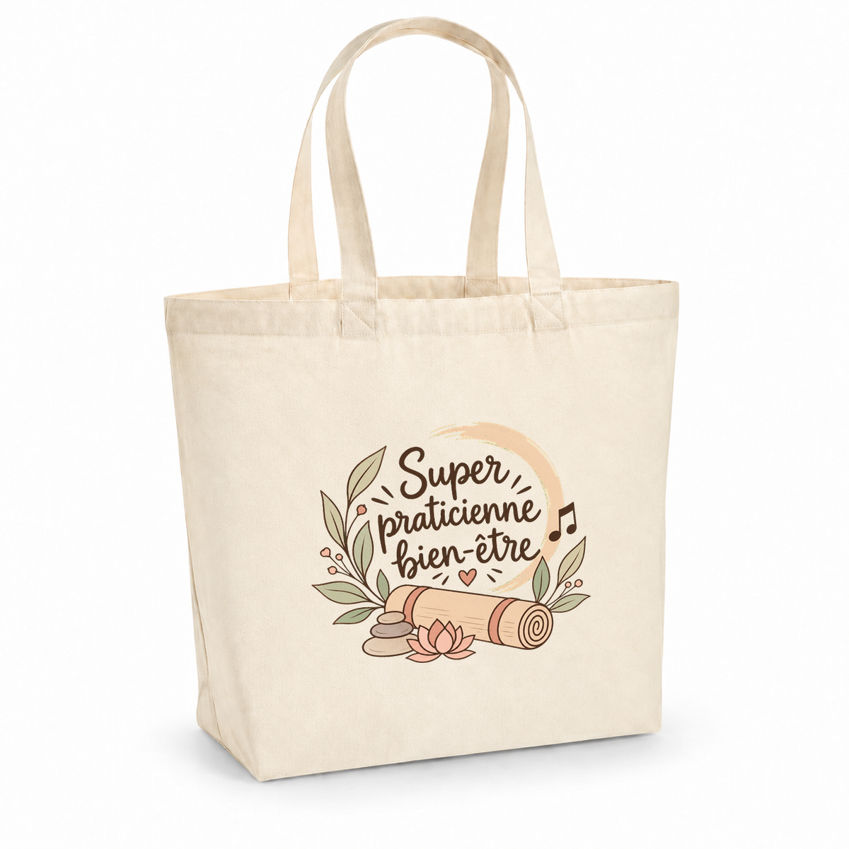 Tote bag praticienne bien-être « Super praticienne bien-être » Premium, cabas à soufflet en coton naturel 200 g/m² de 18 litres, illustration bohème d'un tapis roulé, de galets et d'une fleur de lotus