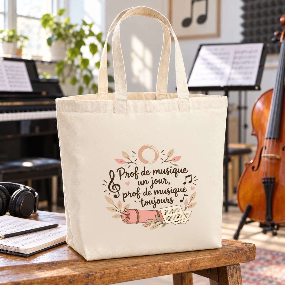 Tote bag prof de musique Premium posé sur une table, à côté d'un violoncelle et d'une partition