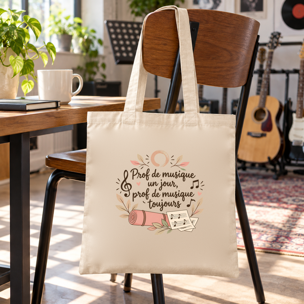 Tote bag prof de musique Essentiel suspendu à une chaise de la salle de musique, près d'une guitare