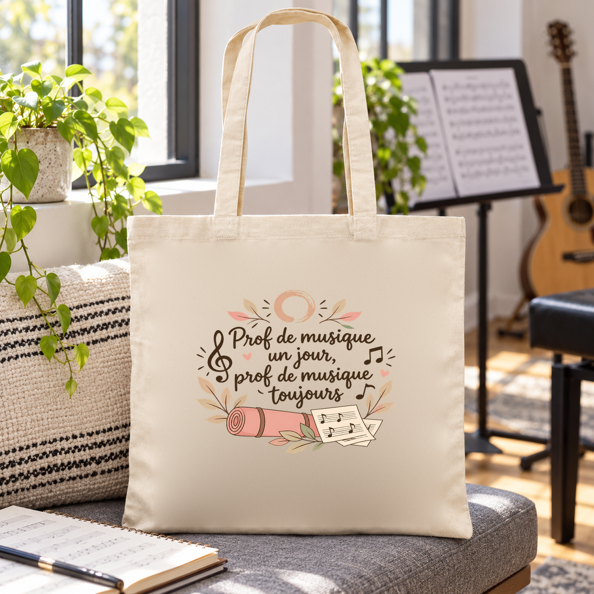 Tote bag prof de musique Essentiel posé sur une banquette, près d'un pupitre