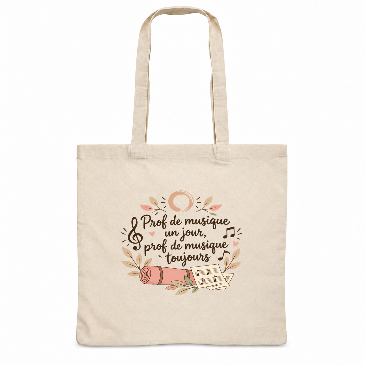 Tote bag prof de musique Essentiel, sac plat en coton naturel 140 g/m² de 38 × 42 cm, illustration bohème d'une clé de sol, de notes, d'une partition et d'un tapis roulé