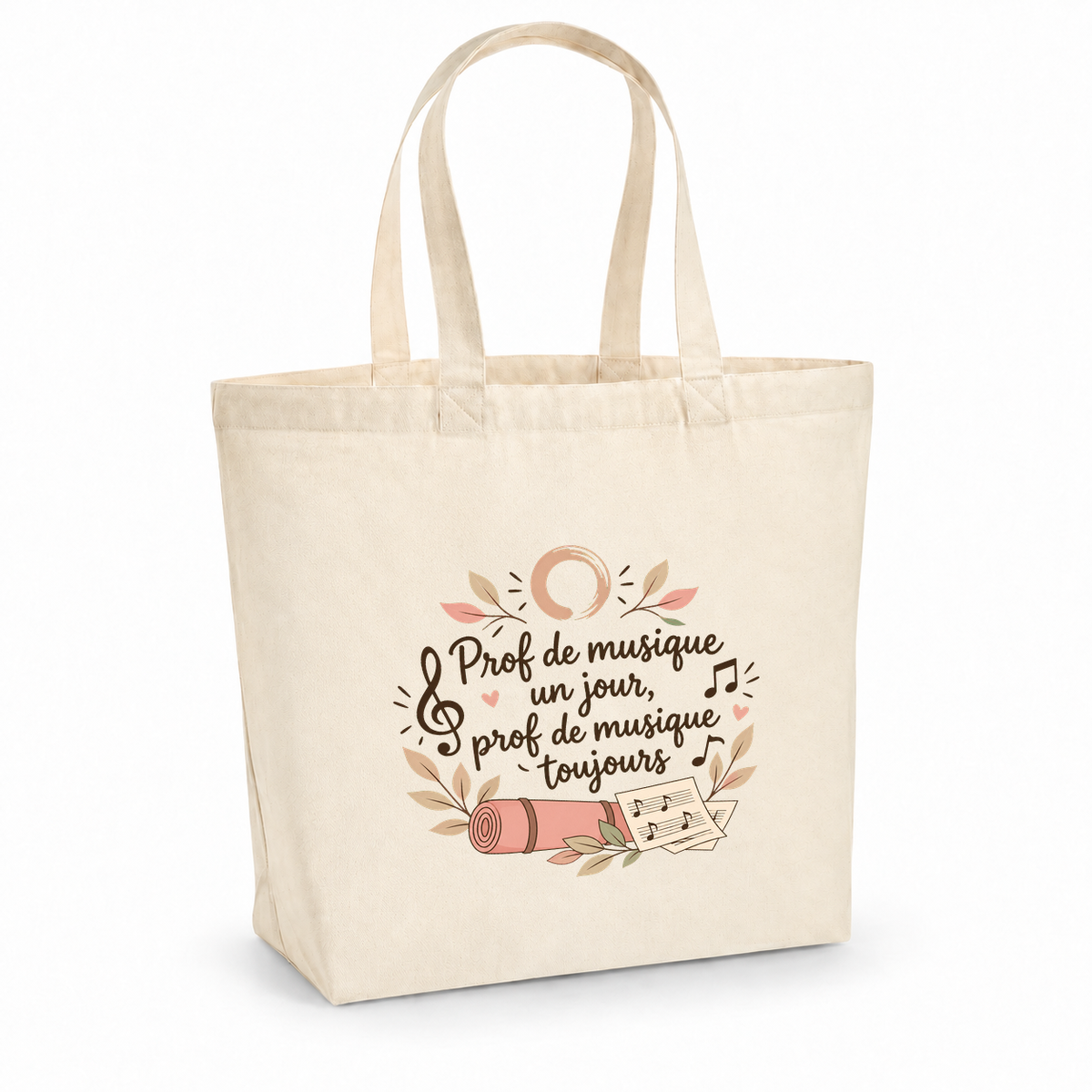 Tote bag prof de musique Premium, cabas à soufflet en coton naturel 200 g/m² de 18 litres, illustration bohème d'une clé de sol, de notes, d'une partition et d'un tapis roulé