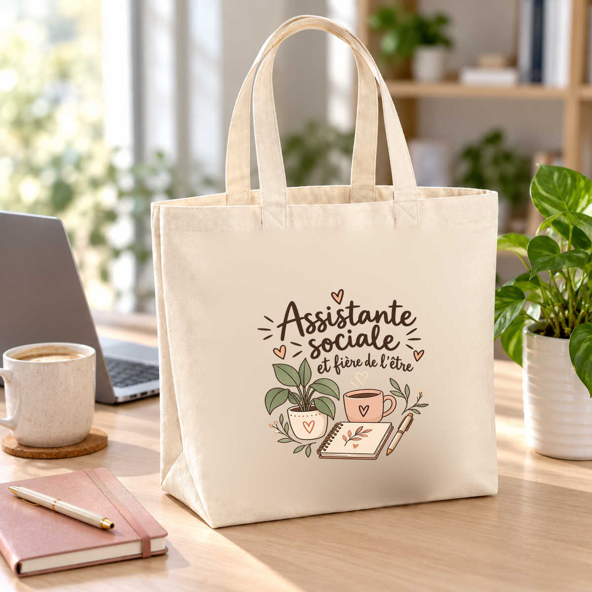 Tote bag assistante sociale « Assistante sociale et fière de l'être » Premium posé sur un bureau, à côté d'un ordinateur portable et d'une tasse