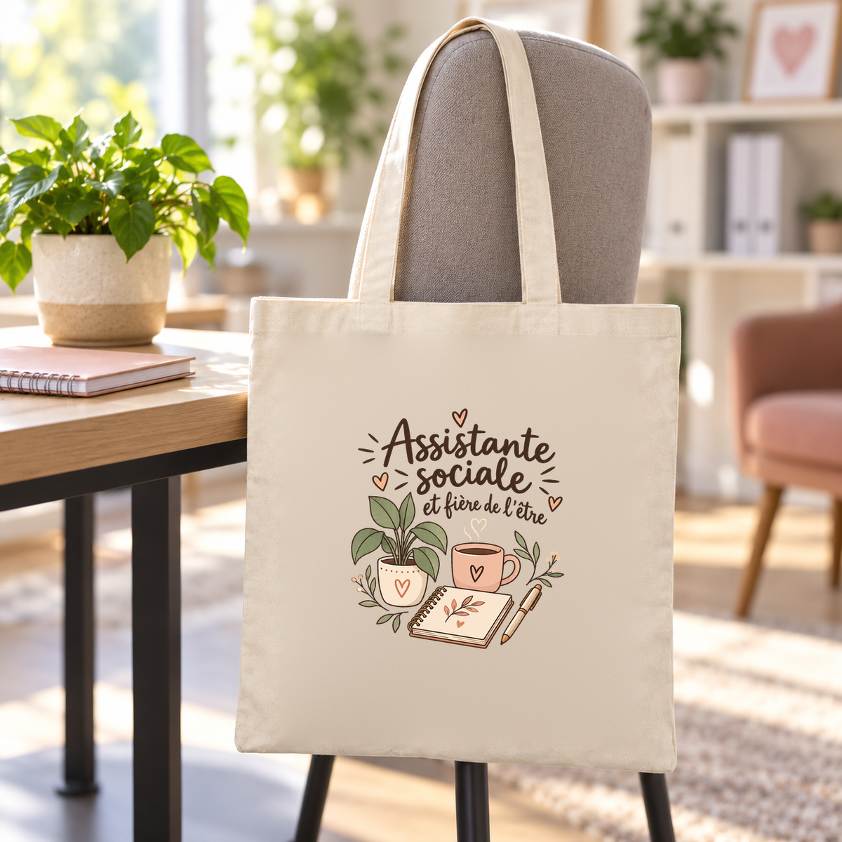 Tote bag assistante sociale « Assistante sociale et fière de l'être » Essentiel suspendu à une chaise de bureau