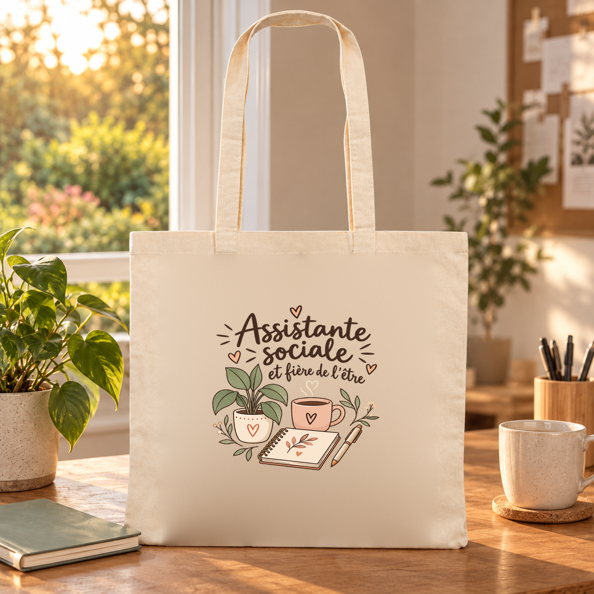Tote bag assistante sociale « Assistante sociale et fière de l'être » Essentiel posé sur un bureau au soleil, à côté d'un mug