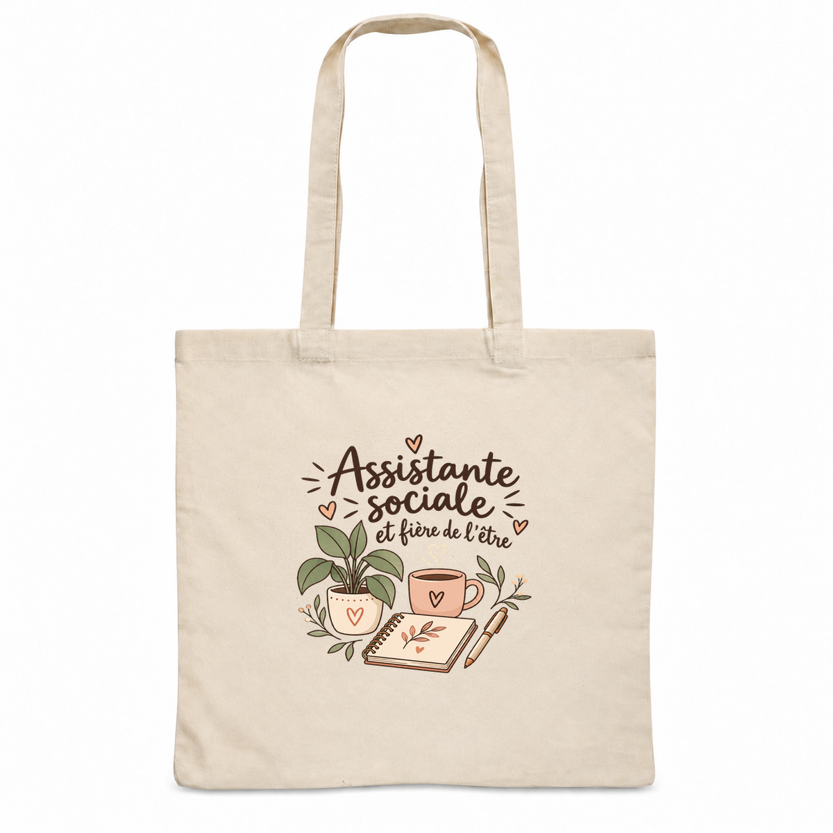 Tote bag assistante sociale « Assistante sociale et fière de l'être » Essentiel, sac plat en coton naturel 140 g/m² de 38 × 42 cm, illustration bohème d'une tasse de café, d'un carnet, d'un stylo et d'une plante en pot