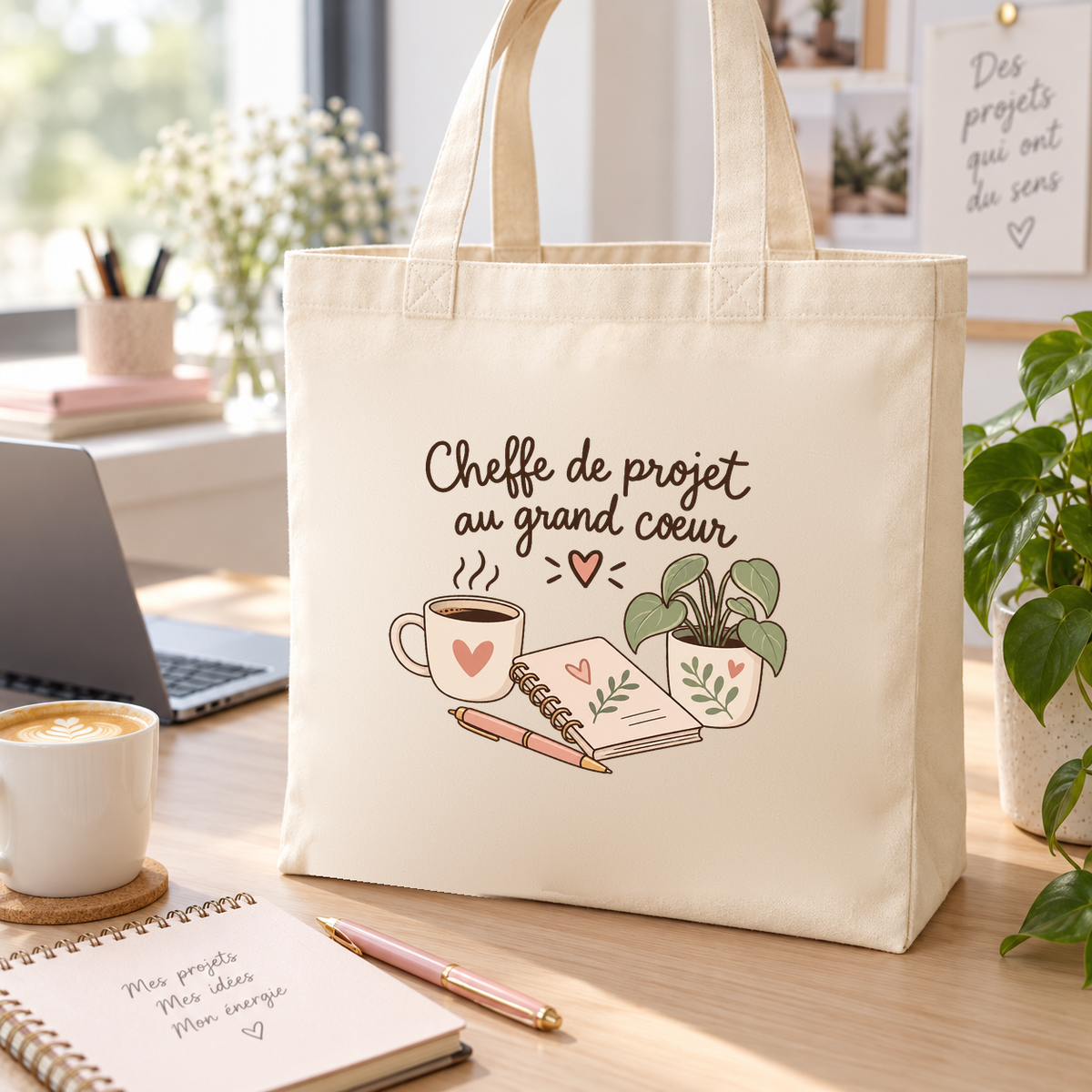 Tote bag cheffe de projet « Cheffe de projet au grand cœur » Premium posé sur un bureau, à côté d'un ordinateur portable et d'une tasse de café