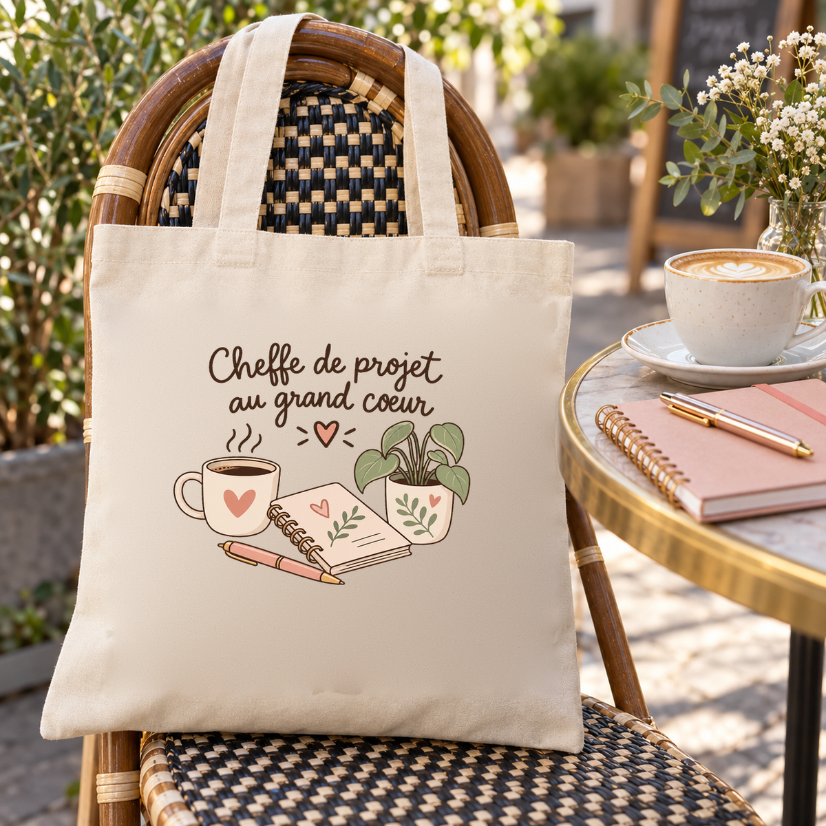Tote bag cheffe de projet « Cheffe de projet au grand cœur » Essentiel suspendu à une chaise de terrasse de café, à côté d'un carnet