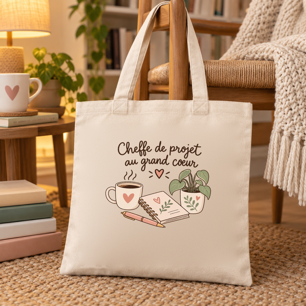 Tote bag cheffe de projet « Cheffe de projet au grand cœur » Essentiel posé sur un fauteuil, à côté d'une table basse et d'une tasse