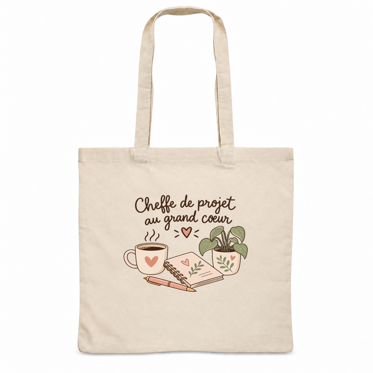 Tote bag cheffe de projet « Cheffe de projet au grand cœur » Essentiel, sac plat en coton naturel 140 g/m² de 38 × 42 cm, illustration bohème d'une tasse de café, d'un carnet et d'une plante