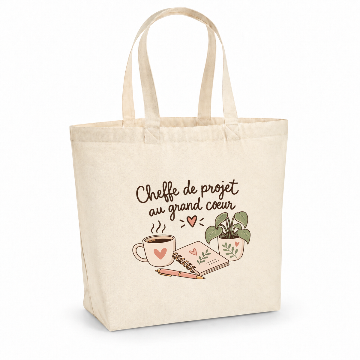 Tote bag cheffe de projet « Cheffe de projet au grand cœur » Premium, cabas à soufflet en coton naturel 200 g/m² de 18 litres, illustration bohème d'une tasse de café, d'un carnet et d'une plante