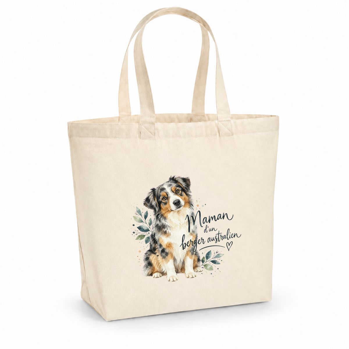 Tote bag berger australien « Maman d'un berger australien » Premium, cabas à soufflet en coton naturel 200 g/m² de 18 litres, portrait à l'aquarelle d'un berger australien bleu merle assis