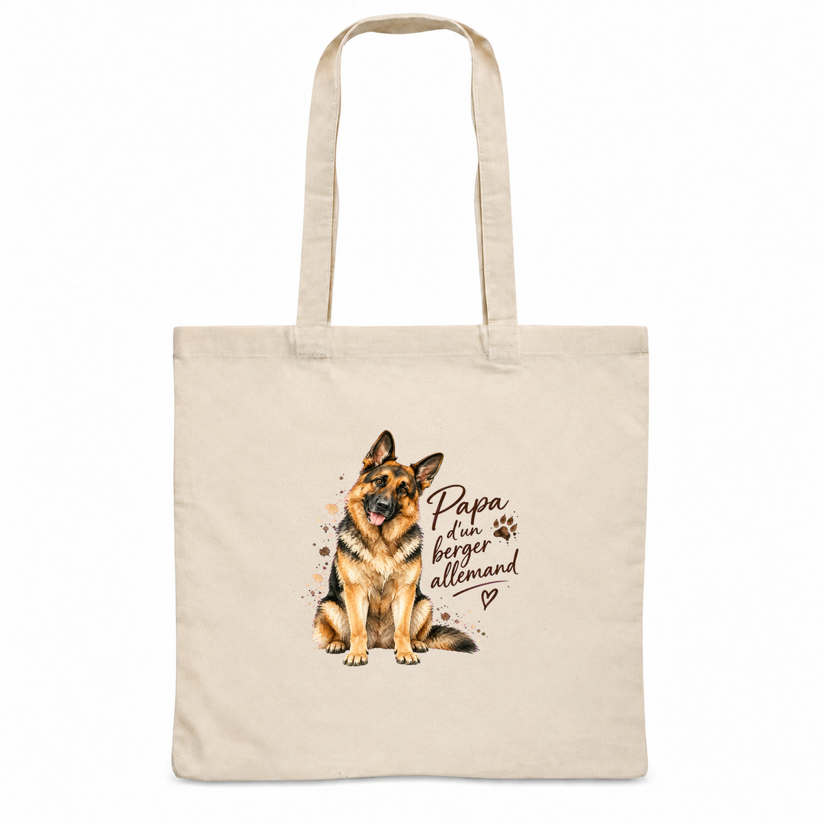 Tote bag berger allemand « Papa d'un berger allemand » Essentiel, sac plat en coton naturel 140 g/m² de 38 × 42 cm, portrait à l'aquarelle d'un berger allemand assis
