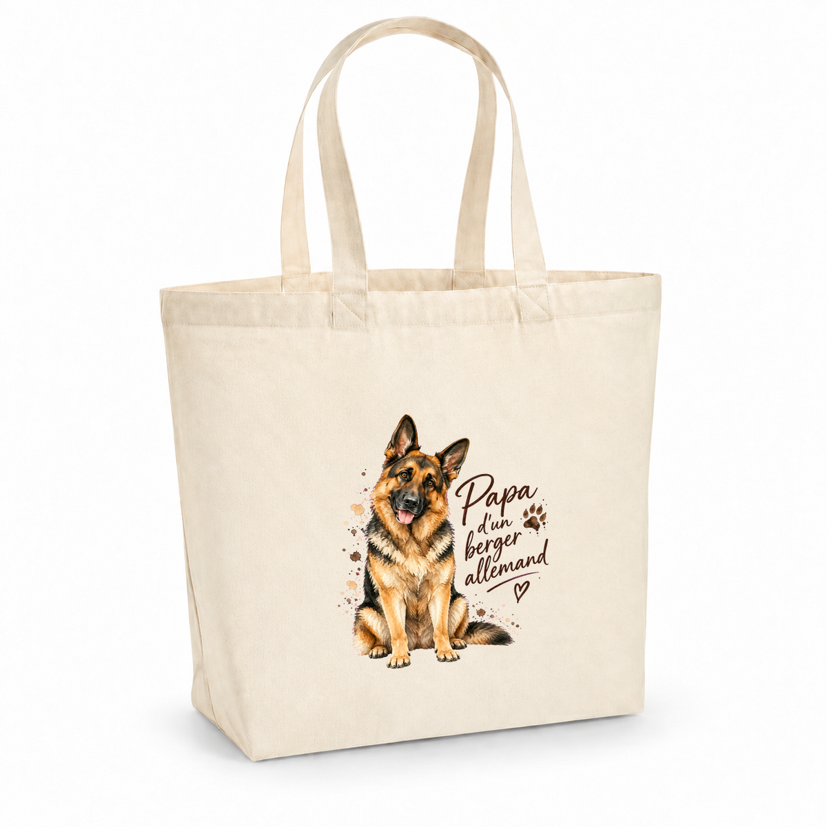 Tote bag berger allemand « Papa d'un berger allemand » Premium, cabas à soufflet en coton naturel 200 g/m² de 18 litres, portrait à l'aquarelle d'un berger allemand assis
