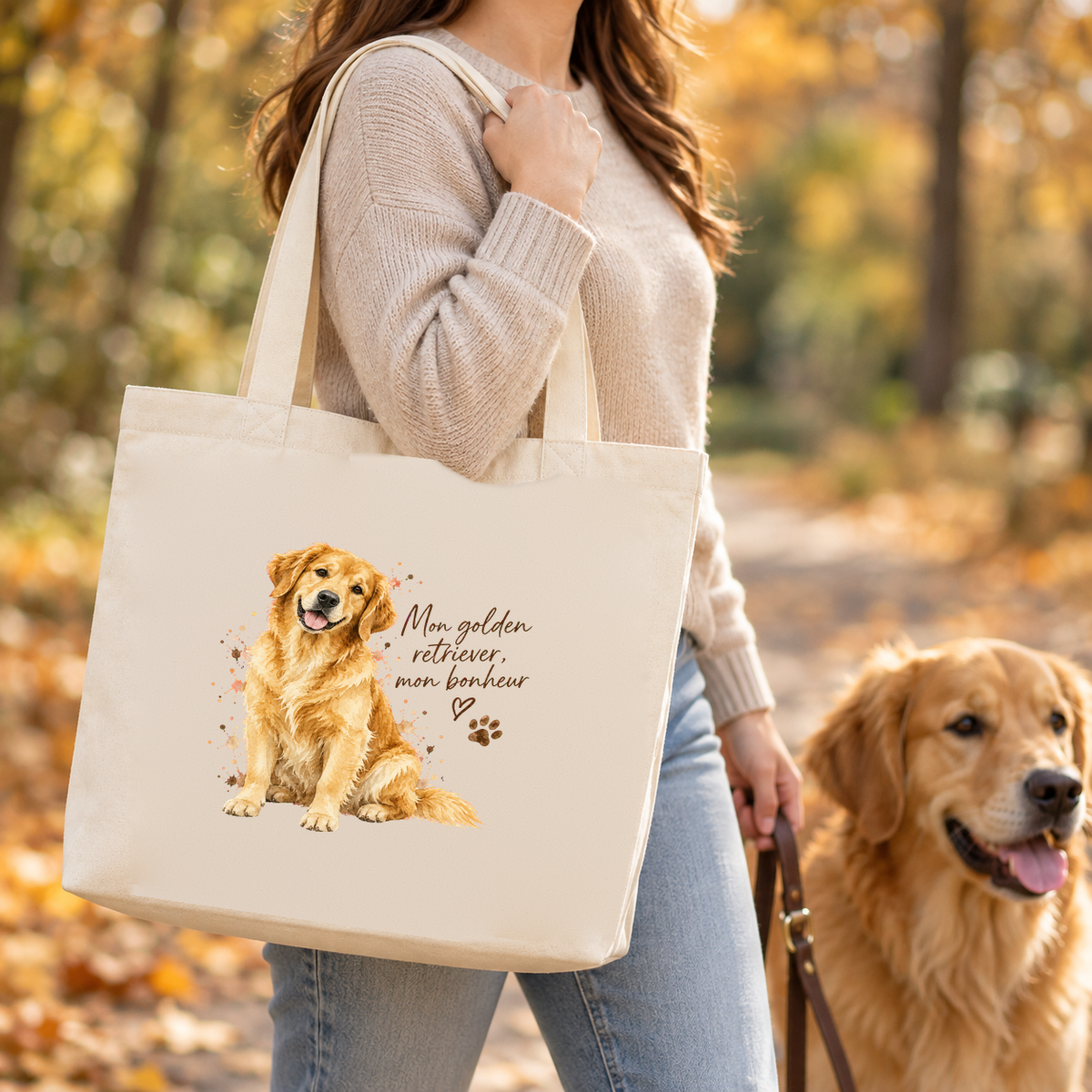 Tote bag golden retriever « Mon golden retriever, mon bonheur » Premium porté à l'épaule lors d'une balade en forêt d'automne, avec son golden retriever
