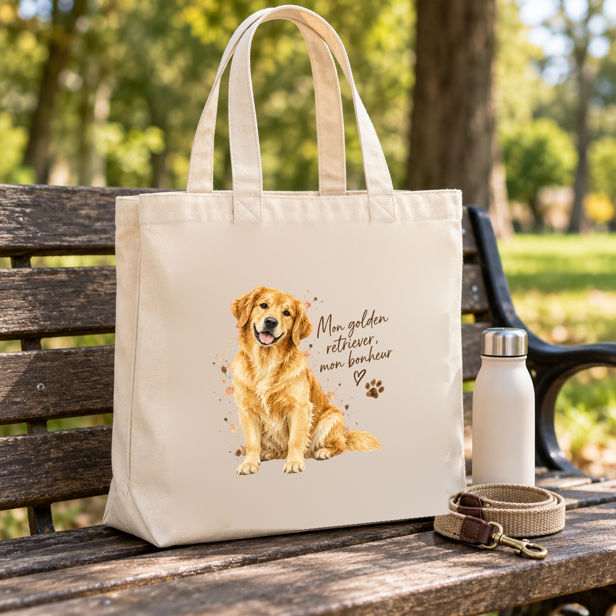 Tote bag golden retriever « Mon golden retriever, mon bonheur » Premium posé sur un banc de parc, à côté d'une gourde et d'une laisse