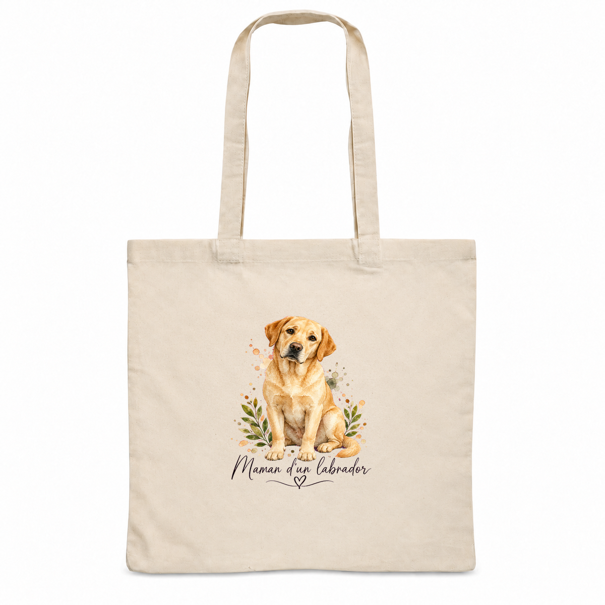 Tote bag labrador « Maman d'un labrador » Essentiel, sac plat en coton naturel 140 g/m² de 38 × 42 cm, portrait à l'aquarelle d'un labrador sable assis