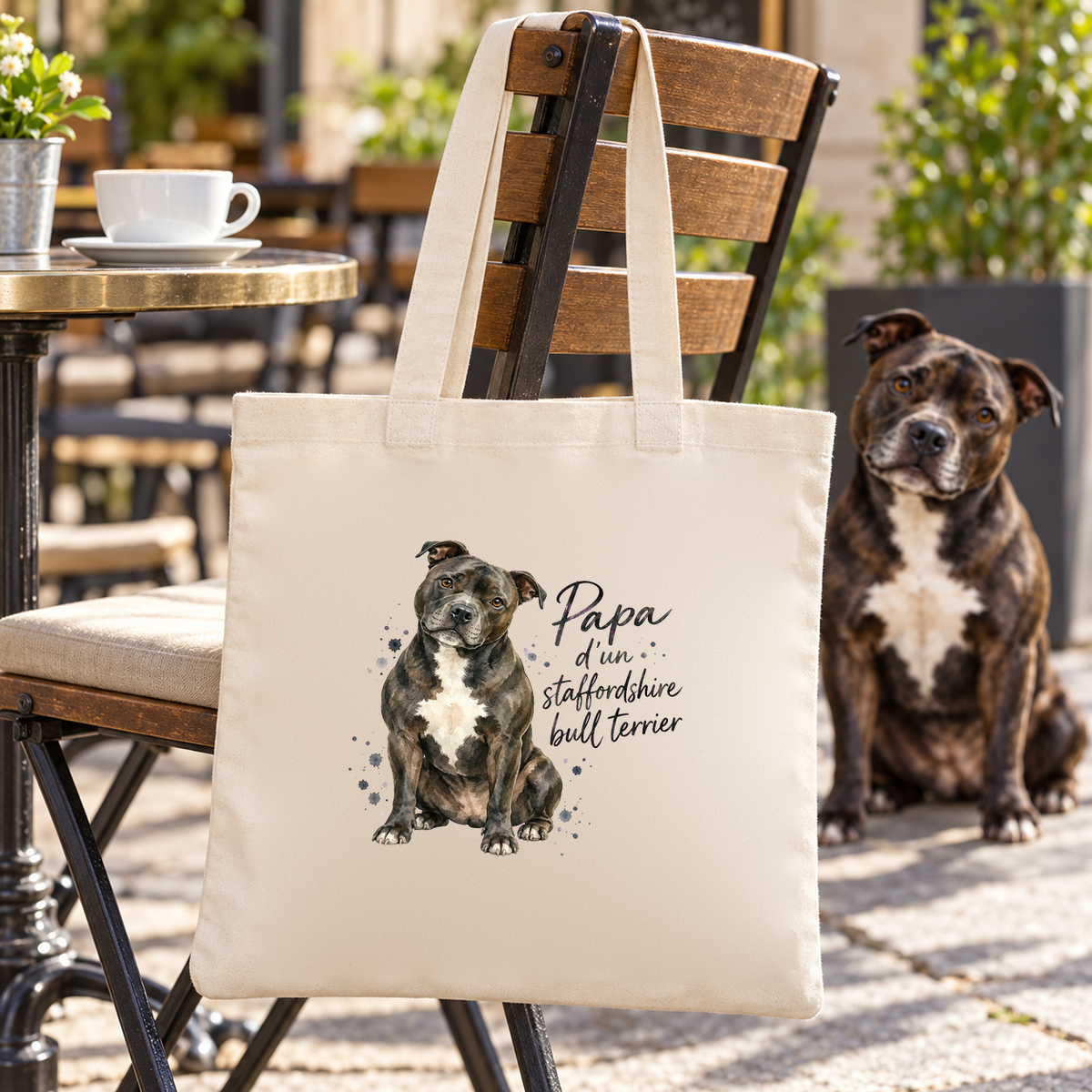 Tote bag staffordshire bull terrier « Papa d'un staffordshire bull terrier » Essentiel suspendu à une chaise de terrasse de café, à côté de son staffie
