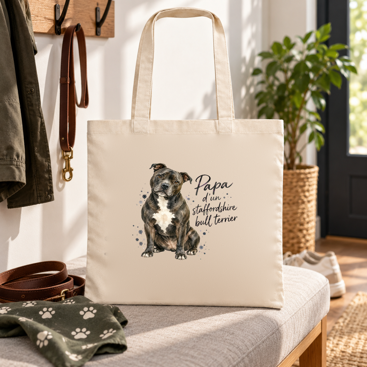 Tote bag staffordshire bull terrier « Papa d'un staffordshire bull terrier » Essentiel posé sur un banc d'entrée, à côté d'une laisse