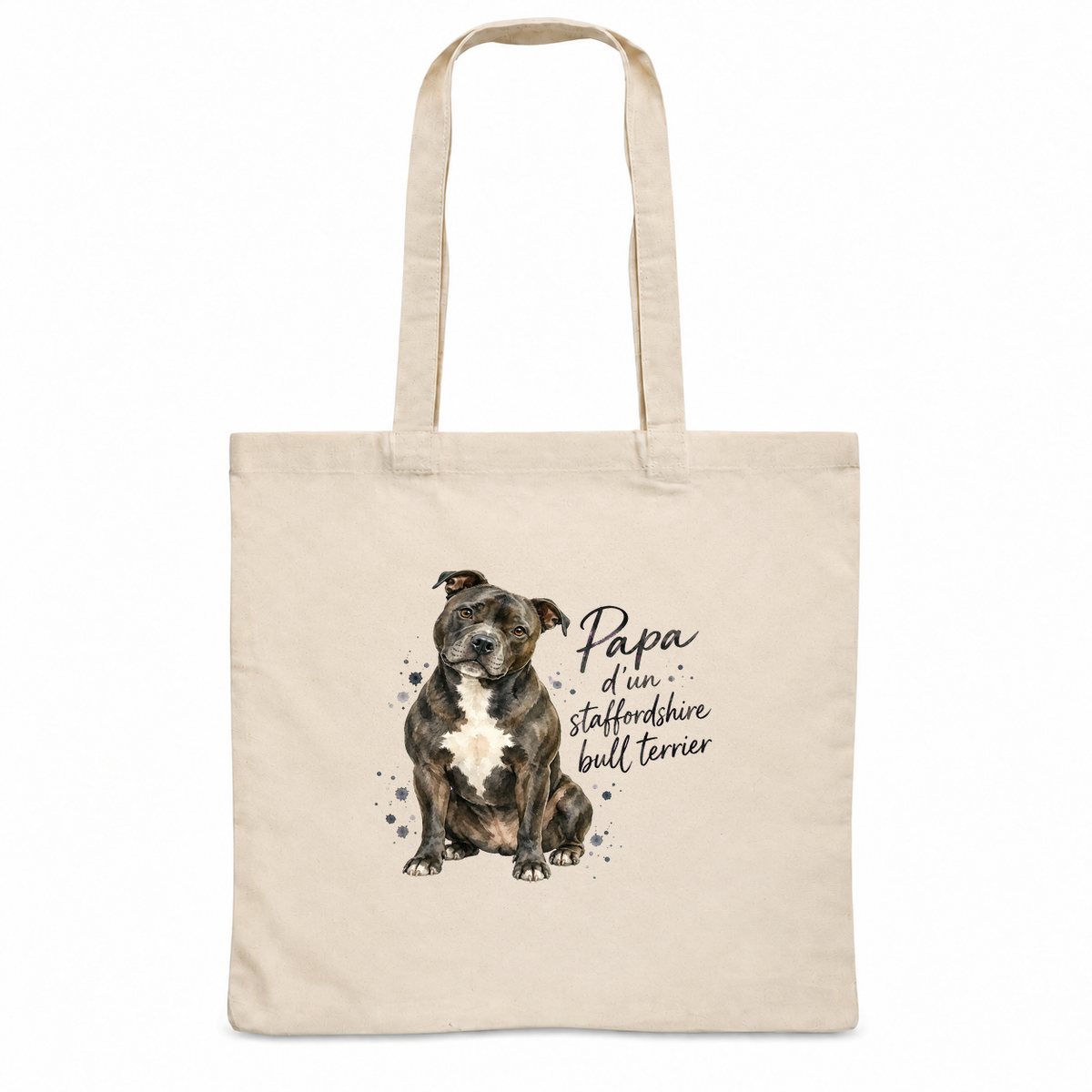 Tote bag staffordshire bull terrier « Papa d'un staffordshire bull terrier » Essentiel, sac plat en coton naturel 140 g/m² de 38 × 42 cm, portrait à l'aquarelle d'un staffordshire bull terrier bringé assis