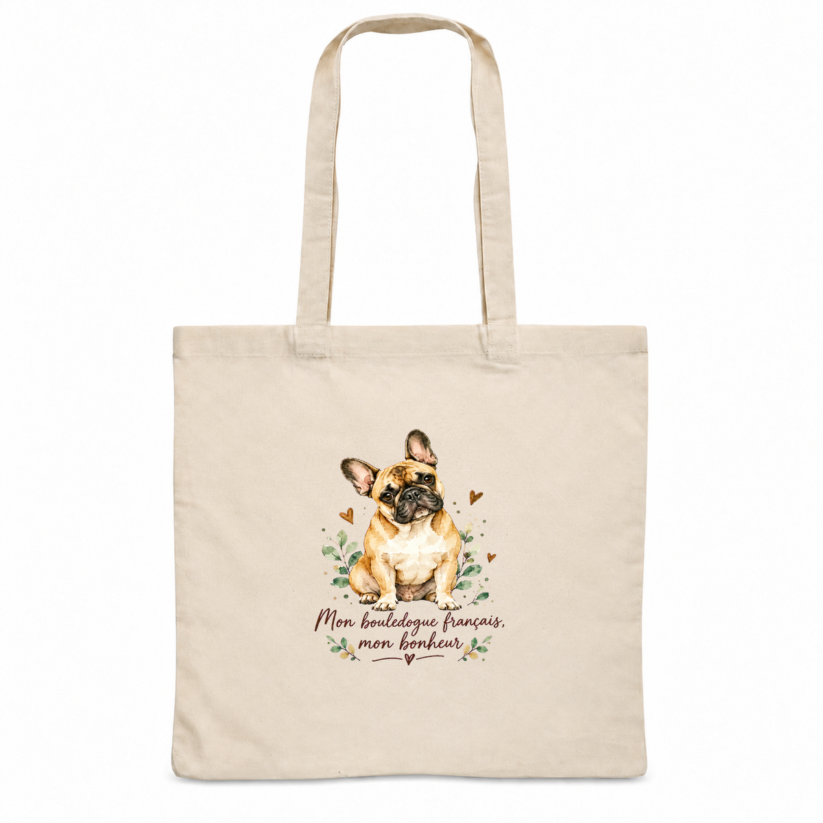 Tote bag bouledogue français « Mon bouledogue français, mon bonheur » Essentiel, sac plat en coton naturel 140 g/m² de 38 × 42 cm, portrait à l'aquarelle d'un bouledogue français fauve assis