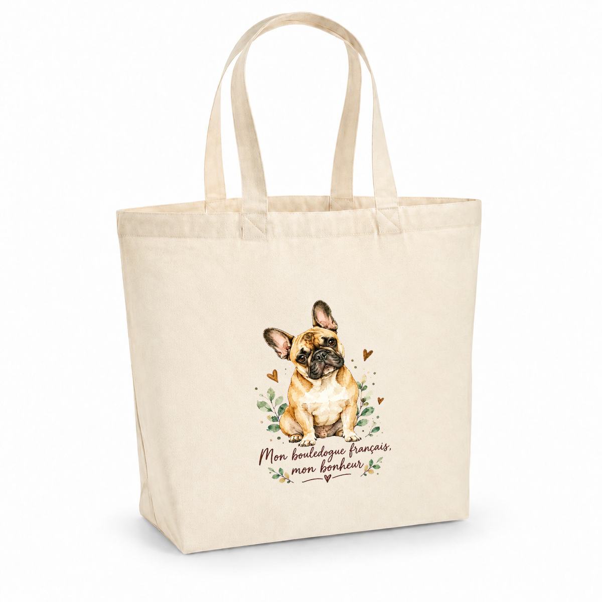 Tote bag bouledogue français « Mon bouledogue français, mon bonheur » Premium, cabas à soufflet en coton naturel 200 g/m² de 18 litres, portrait à l'aquarelle d'un bouledogue français fauve assis