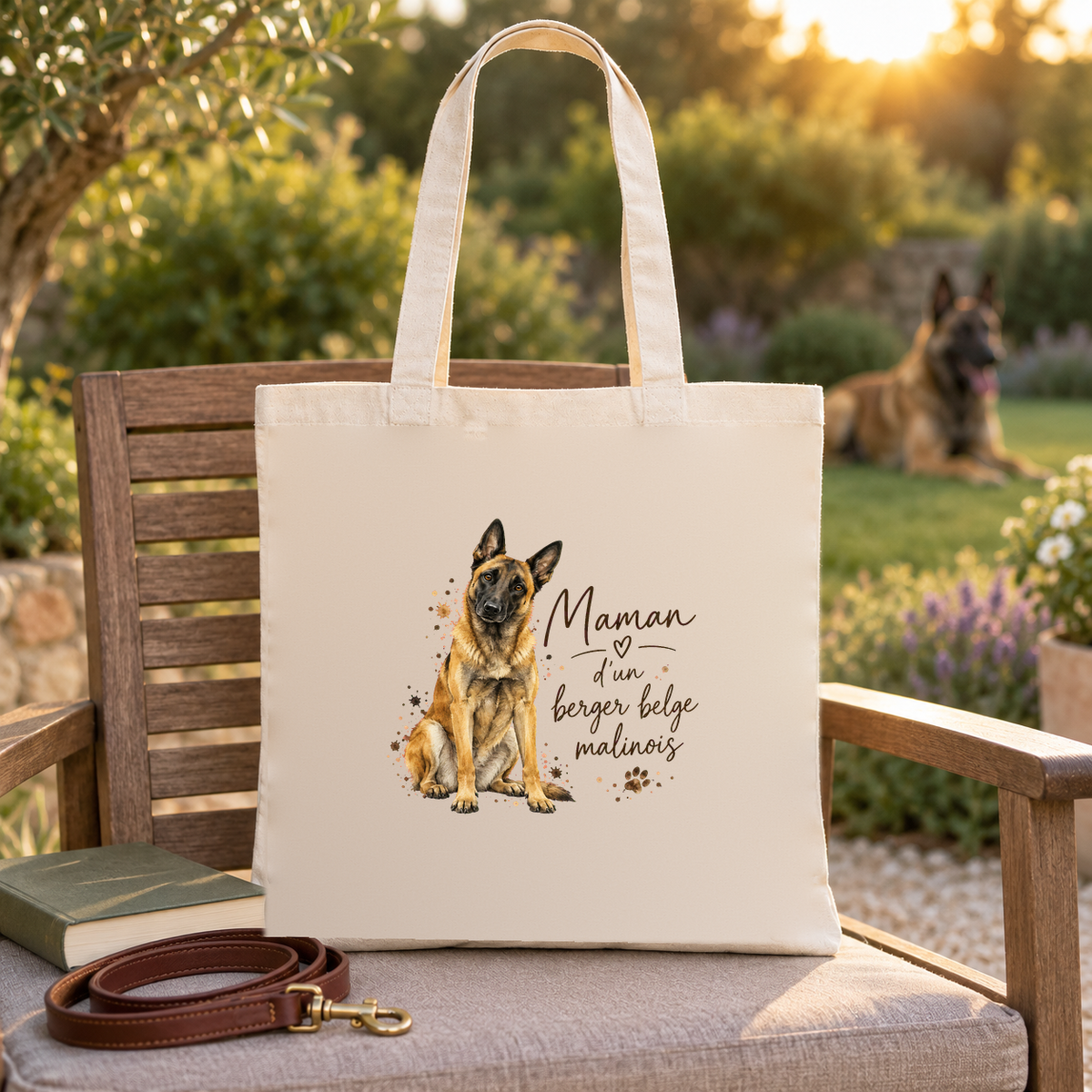 Tote bag berger belge malinois « Maman d'un berger belge malinois » Essentiel posé sur un fauteuil de jardin, à côté d'un livre et d'une laisse