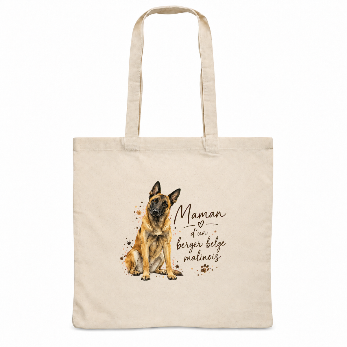 Tote bag berger belge malinois « Maman d'un berger belge malinois » Essentiel, sac plat en coton naturel 140 g/m² de 38 × 42 cm, portrait à l'aquarelle d'un berger belge malinois assis