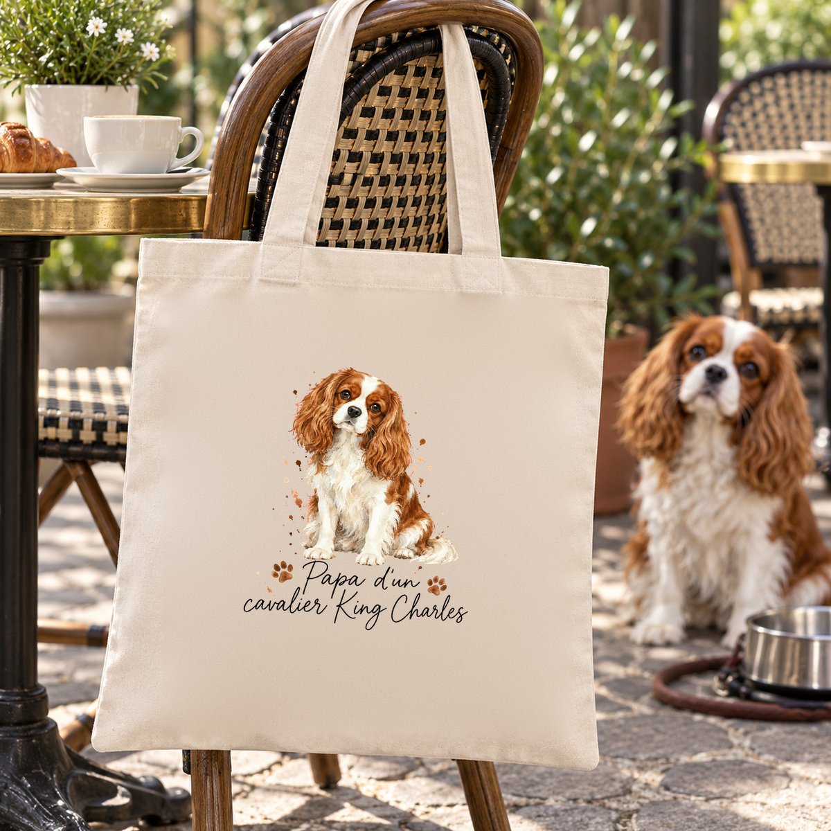 Tote bag cavalier King Charles « Papa d'un cavalier King Charles » Essentiel suspendu à une chaise de terrasse, un cavalier King Charles assis à côté