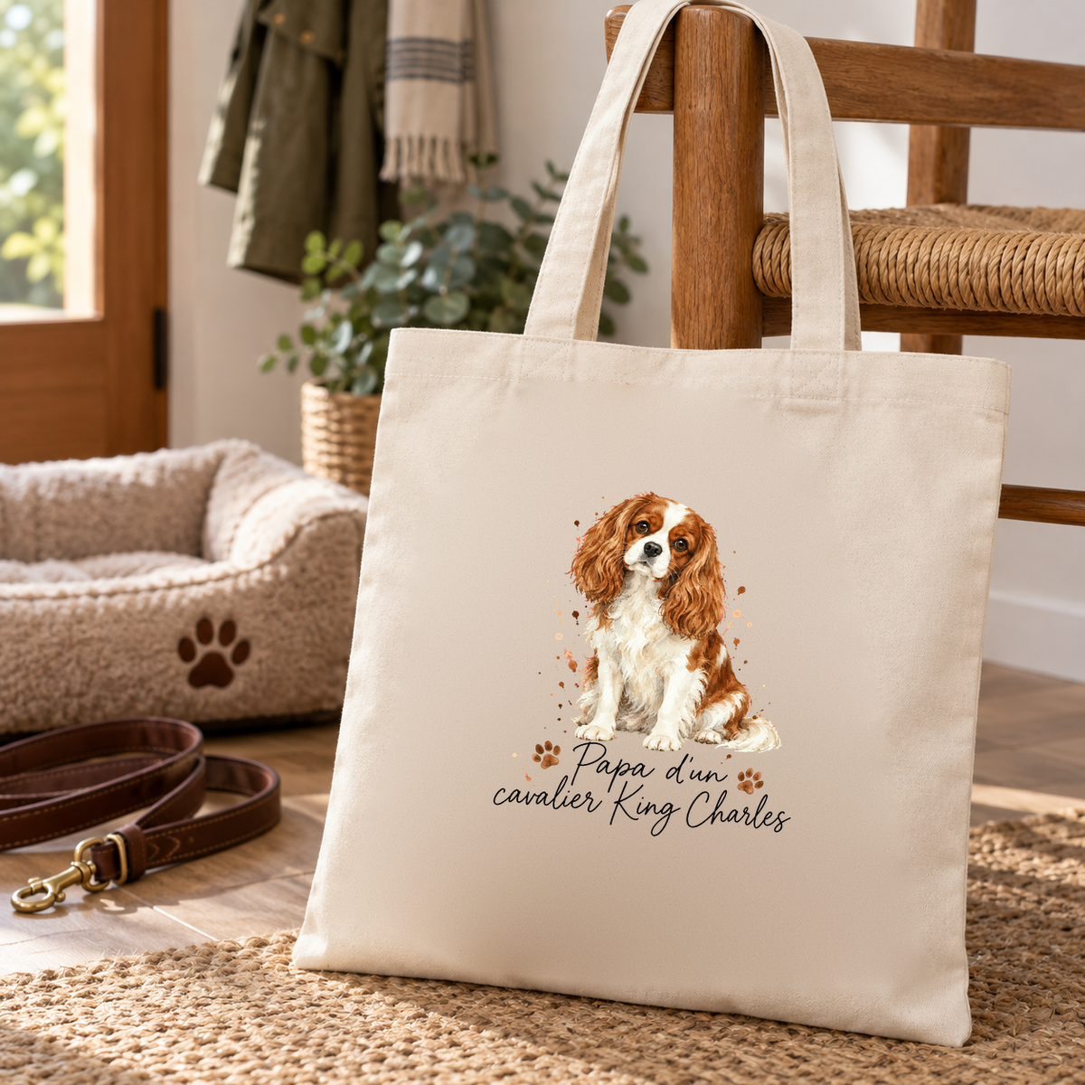 Tote bag cavalier King Charles « Papa d'un cavalier King Charles » Essentiel posé sur une banquette d'entrée, à côté d'une laisse et d'un panier