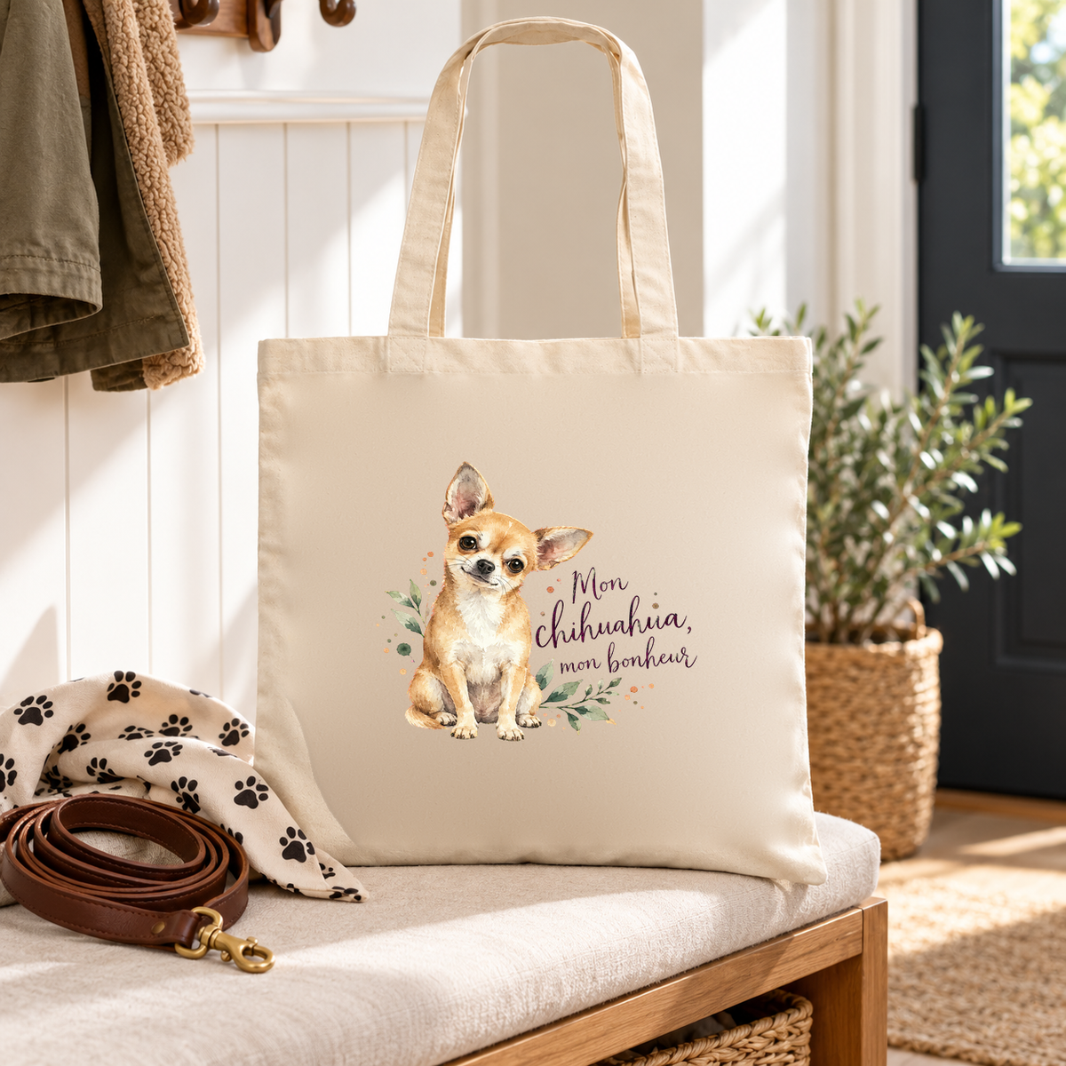 Tote bag chihuahua « Mon chihuahua, mon bonheur » Essentiel posé sur un banc d'entrée, à côté d'une laisse