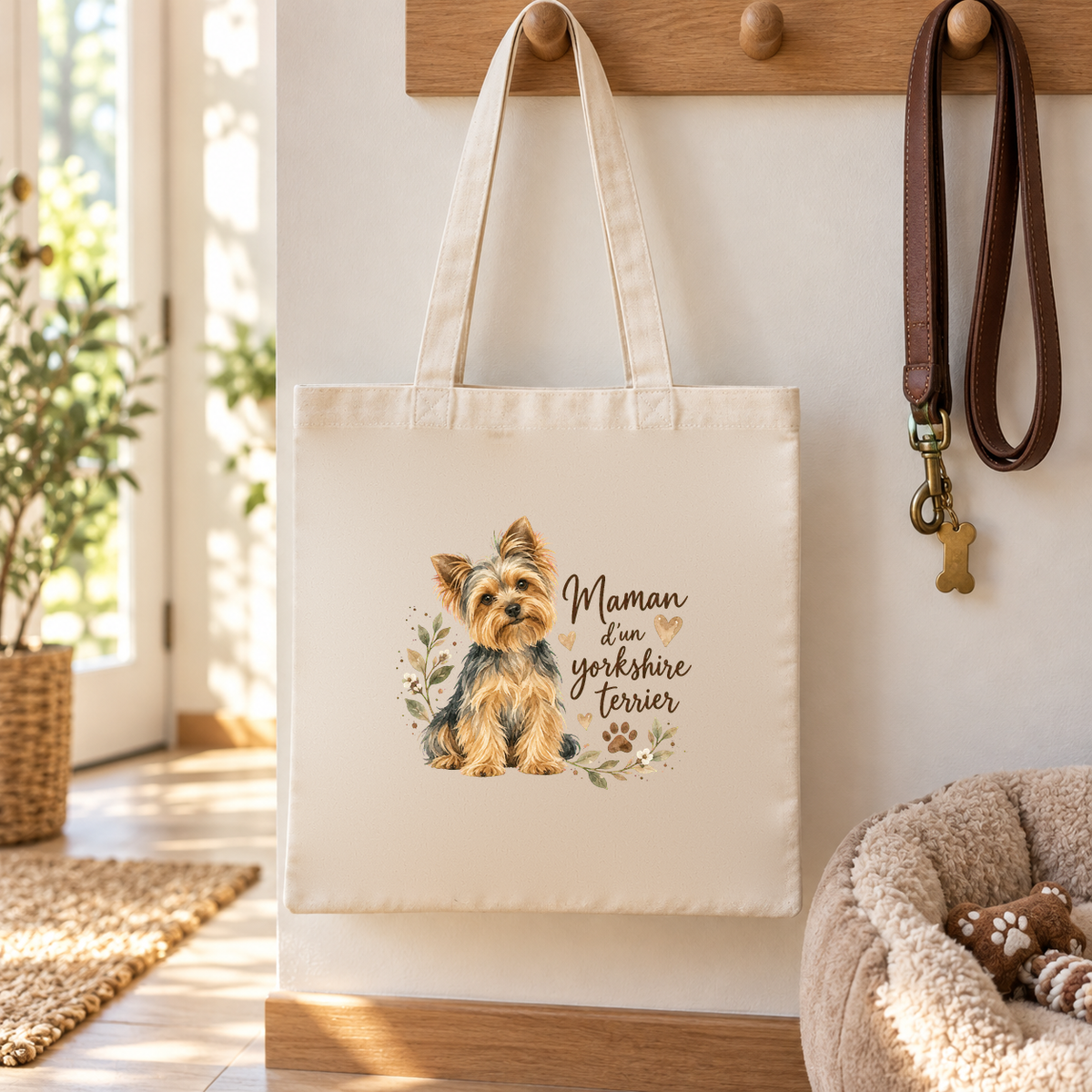 Tote bag yorkshire terrier « Maman d'un yorkshire terrier » Essentiel suspendu à une patère d'entrée, au-dessus d'un panier