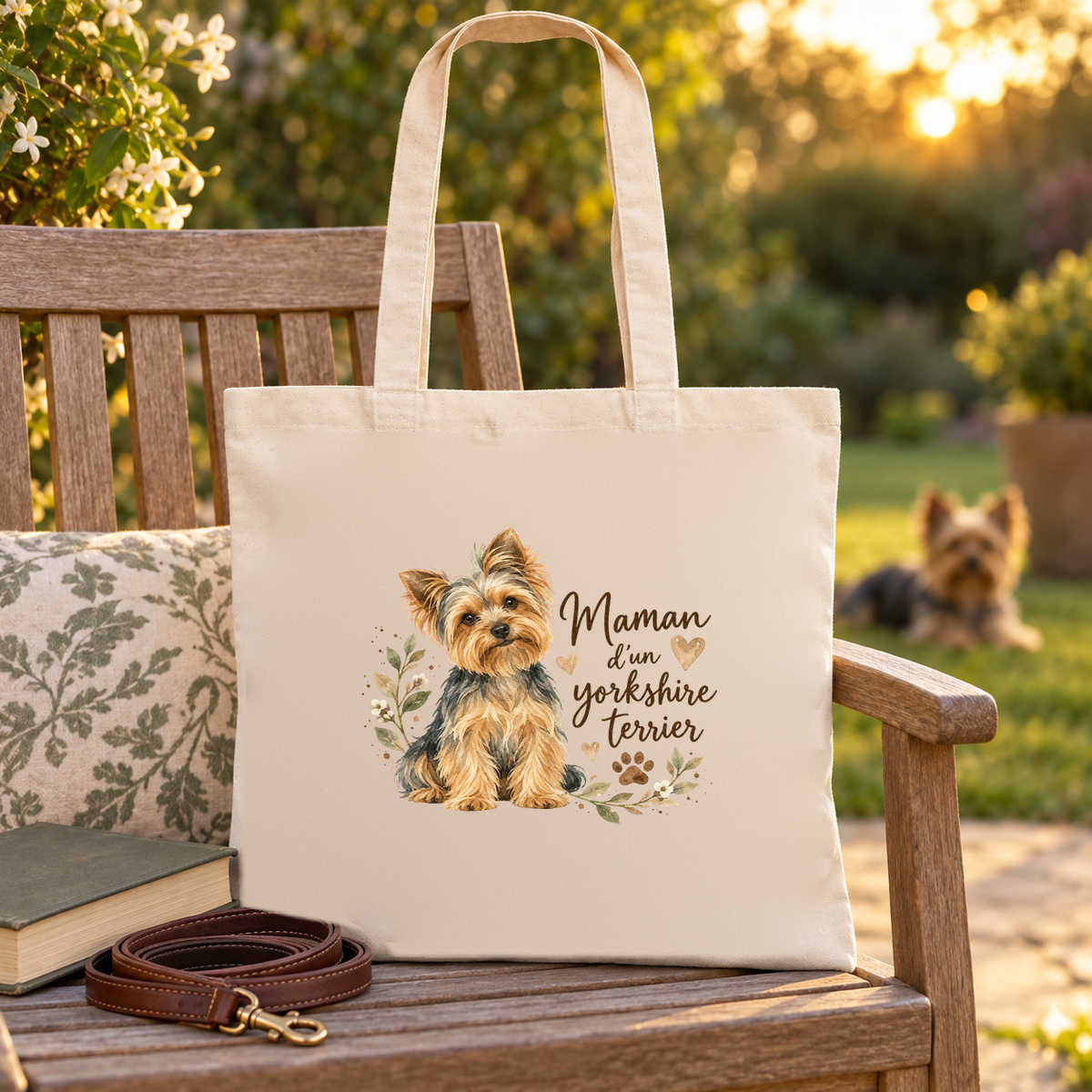 Tote bag yorkshire terrier « Maman d'un yorkshire terrier » Essentiel posé sur un banc de jardin, à côté d'un livre et d'une laisse