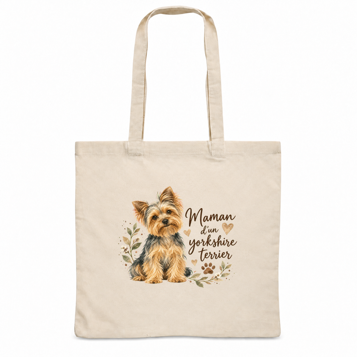 Tote bag yorkshire terrier « Maman d'un yorkshire terrier » Essentiel, sac plat en coton naturel 140 g/m² de 38 × 42 cm, portrait à l'aquarelle d'un yorkshire terrier assis