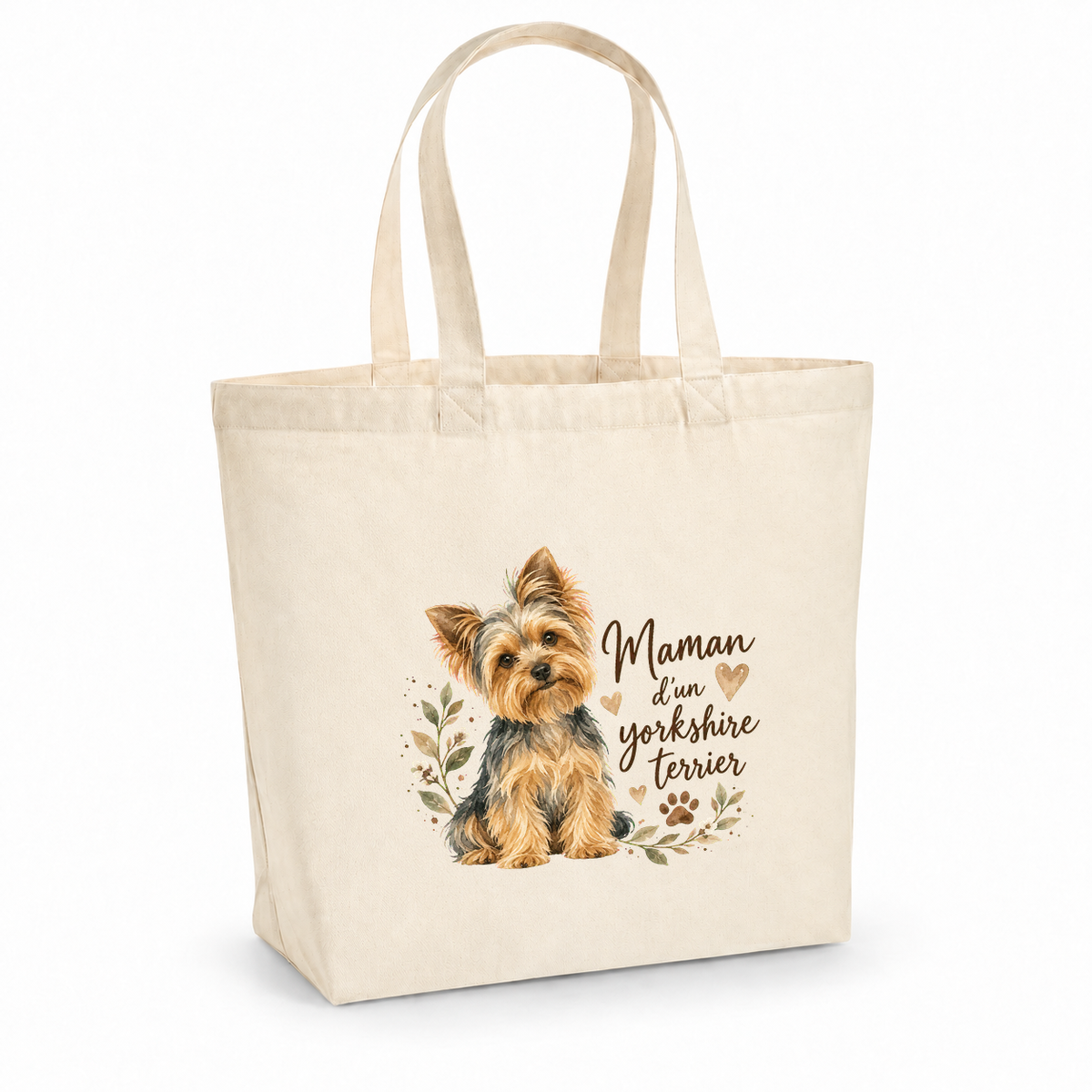 Tote bag yorkshire terrier « Maman d'un yorkshire terrier » Premium, cabas à soufflet en coton naturel 200 g/m² de 18 litres, portrait à l'aquarelle d'un yorkshire terrier assis