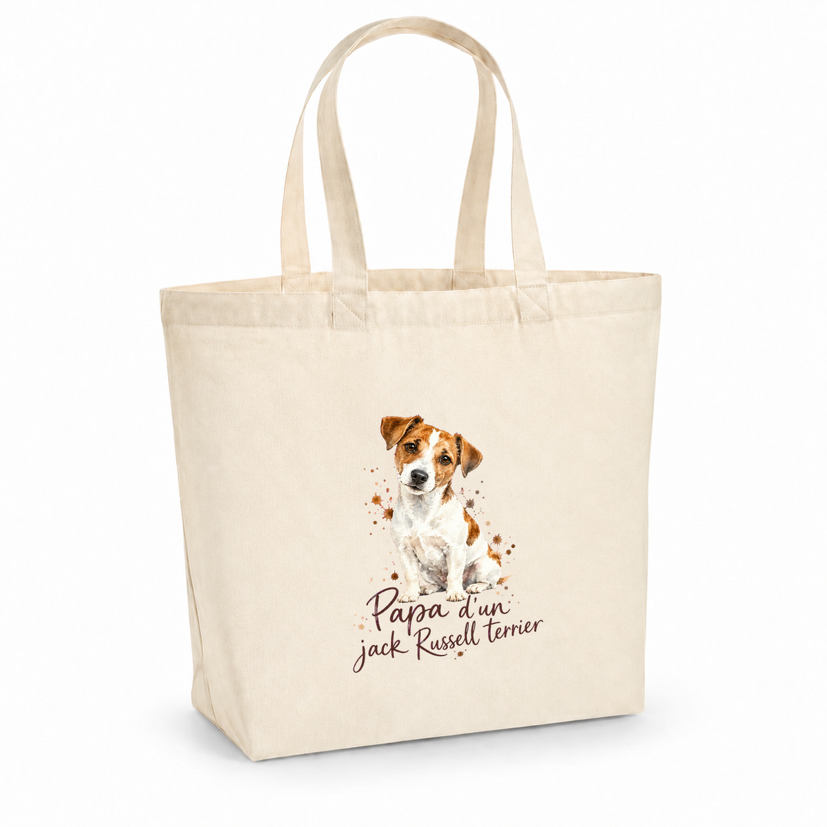 Tote bag jack russell terrier « Papa d'un jack Russell terrier » Premium, cabas à soufflet en coton naturel 200 g/m² de 18 litres, portrait à l'aquarelle d'un jack russell terrier blanc et feu assis