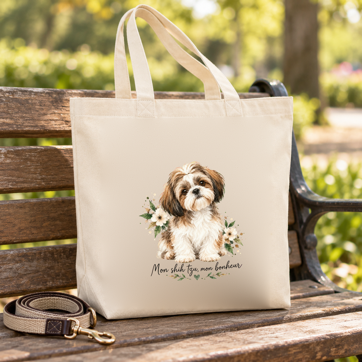 Tote bag shih tzu « Mon shih tzu, mon bonheur » Premium posé sur un banc de parc, à côté d'une laisse