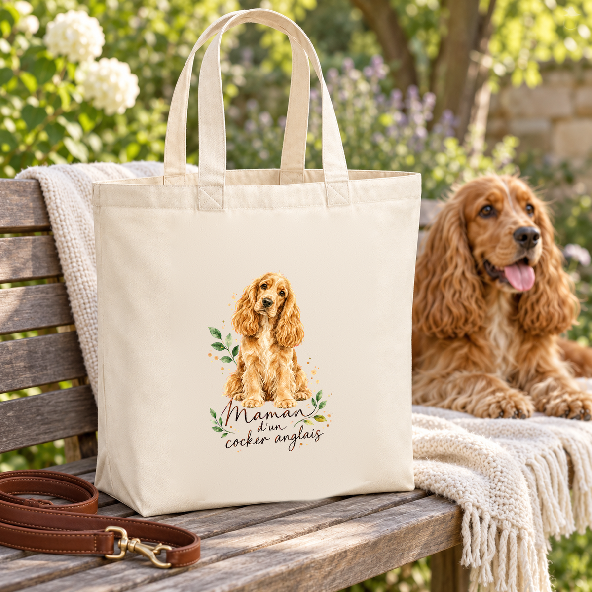 Tote bag cocker anglais « Maman d'un cocker anglais » Premium posé sur un banc à côté d'un cocker anglais, avec sa laisse
