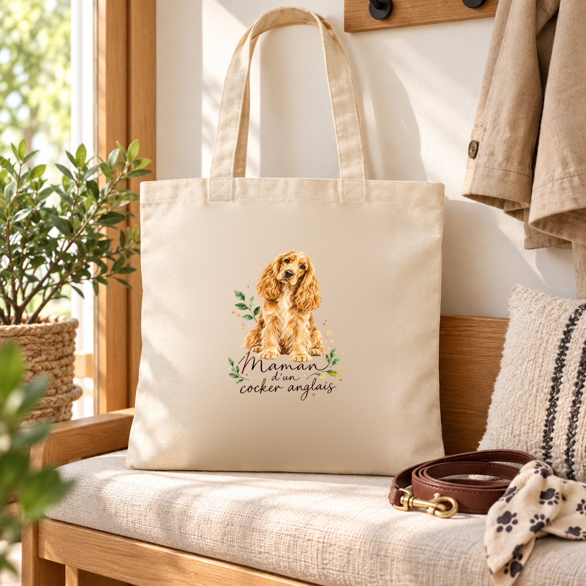 Tote bag cocker anglais « Maman d'un cocker anglais » Essentiel posé sur une banquette, à côté d'une laisse