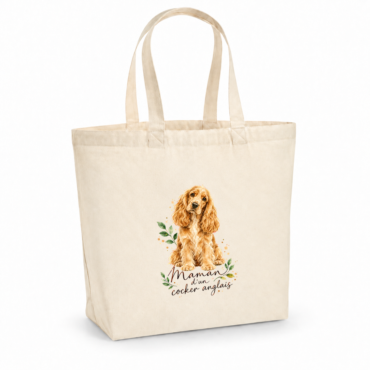 Tote bag cocker anglais « Maman d'un cocker anglais » Premium, cabas à soufflet en coton naturel 200 g/m² de 18 litres, portrait à l'aquarelle d'un cocker anglais roux assis